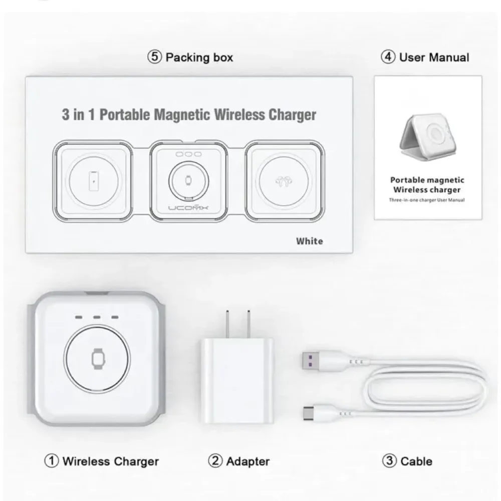 RTOPS 3 In 1 Portable Magnetic Wireless Charger IPhone Apple Watch AirPods White